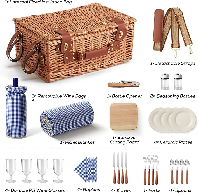 Wicker Picnic Basket Set for 4 Person with Cooler Compartment and Waterproof Picnic Blanket,Removable Strap,Wine Bag,Cutlery Set,for Camping,Day Travel,Beach,Hiking,BBQ and Family/Couples Gifts