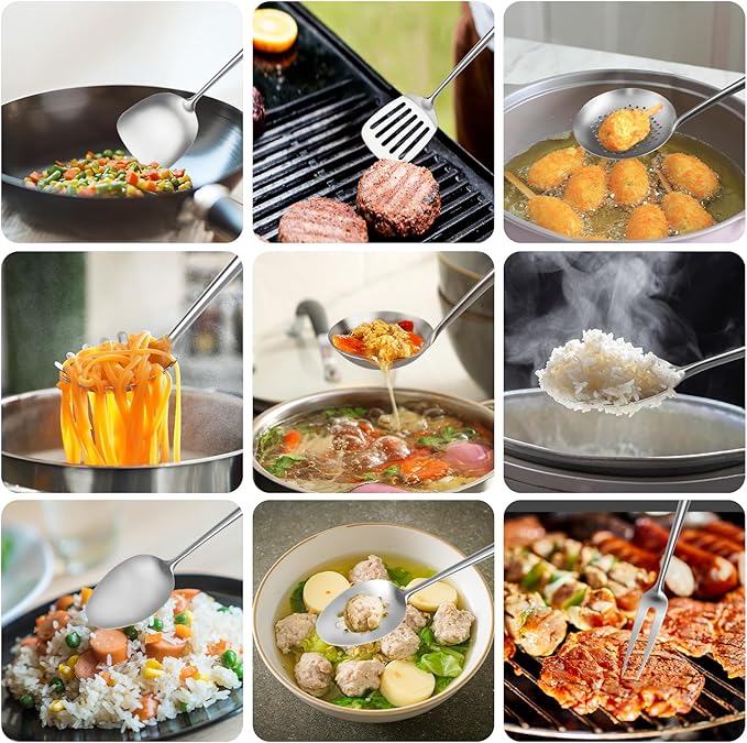 18/10 Stainless Steel Kitchen Utensils Set,9 Pcs Professional All Metal Cooking Utensils Set with Wok Spatula,Soup Ladle,Skimmer,Slotted Spatula Turner,Spaghetti Spoon,Large Spoon(Dishwasher Safe)