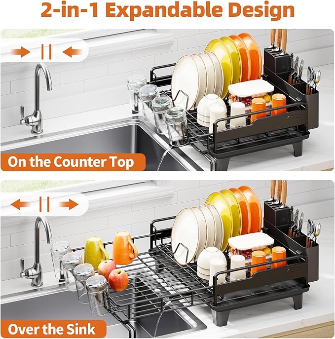 Urackify Dish Drying Rack - Extendable Dish Drainer, Large Dish Rack for Kitchen Counter, Rustproof Dish Strainer with Utensil Holder and Cups Holder, 1 Tier Black