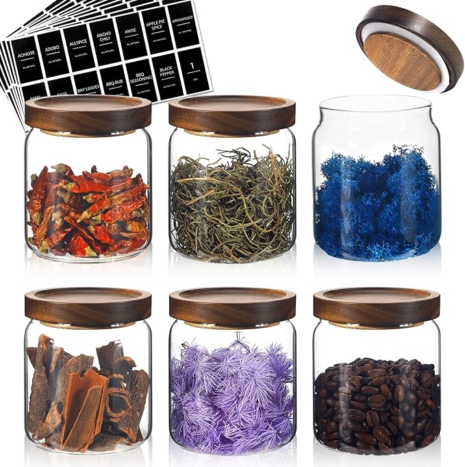 Glass Spice Jars Seasoning Containers Small Glass Jars with Lids Airtight Food Storage Canister for Kitchen Pantry Sugar Tea Coffee Bean Nuts Cookies Herbs Salt (16oz/473ml*6 pack)