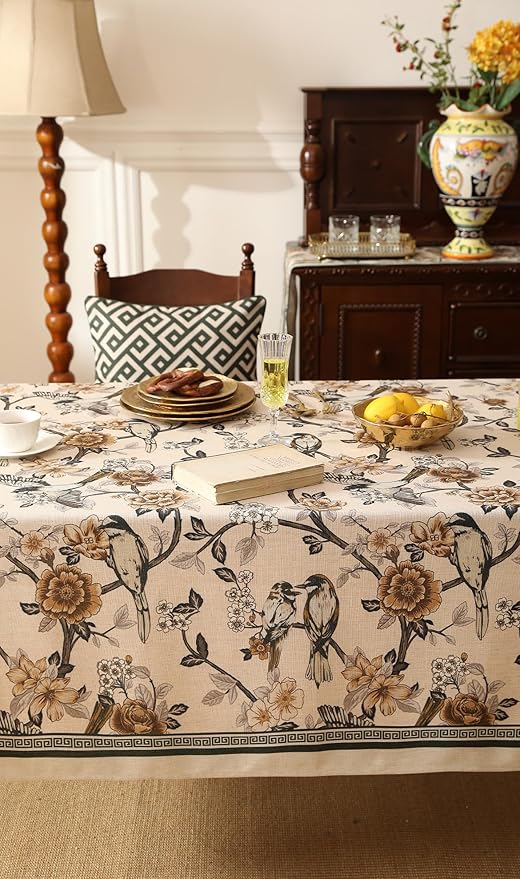 ISAENNE Designer Vintage Linen Rectangular Tablecloth,Floral and Bird Pattern Elegant Table Cloth,Fall Wrinkle Resistant Decor Tablecloths for Dining Kitchen Party Christmas,55"*87"-Murad A
