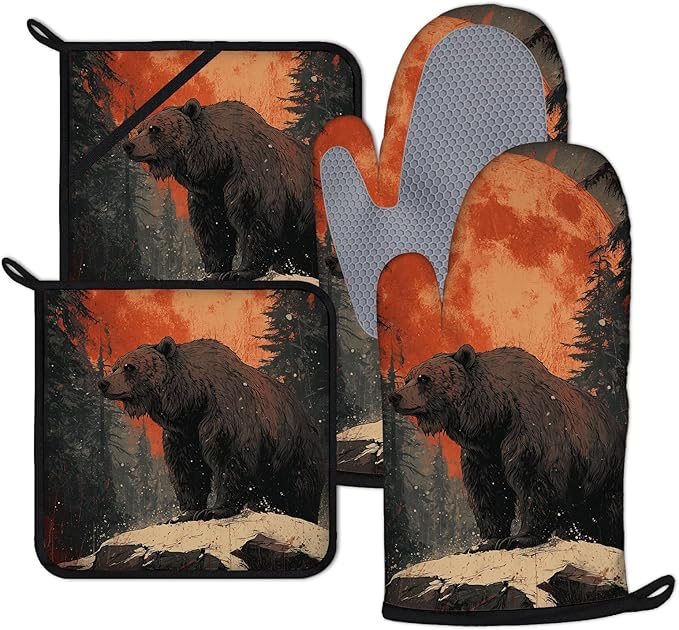 Bear Forest Oven Mitts and Pot Holders Sets 4Pcs Silicone Non-Slip Mitts Heat Resistant Gloves Hot Pads for Kitchen Cooking Baking Grilling BBQ