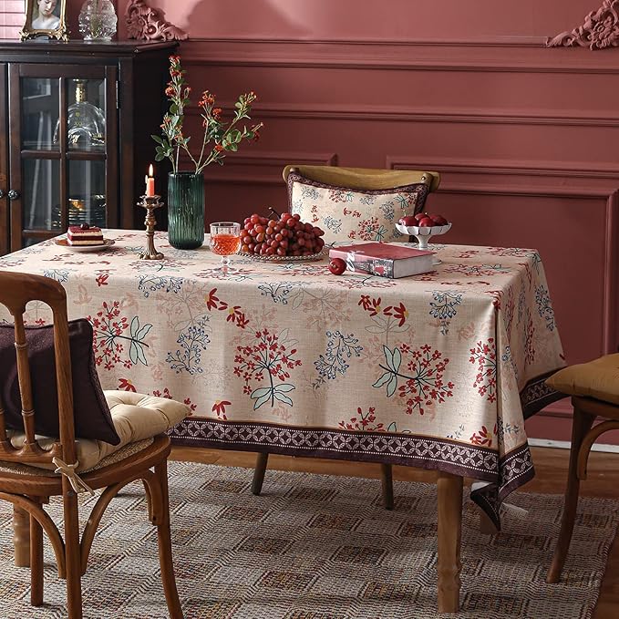 patdrea Designer French Linen Extra Long Tablecloth for Rectangle Table,Vintage Red Floral Tablecloths,Table Cover for Kitchen Dining,Tea Party,Christmas,Thanksgiving,Holiday,67"x118"-Newmari