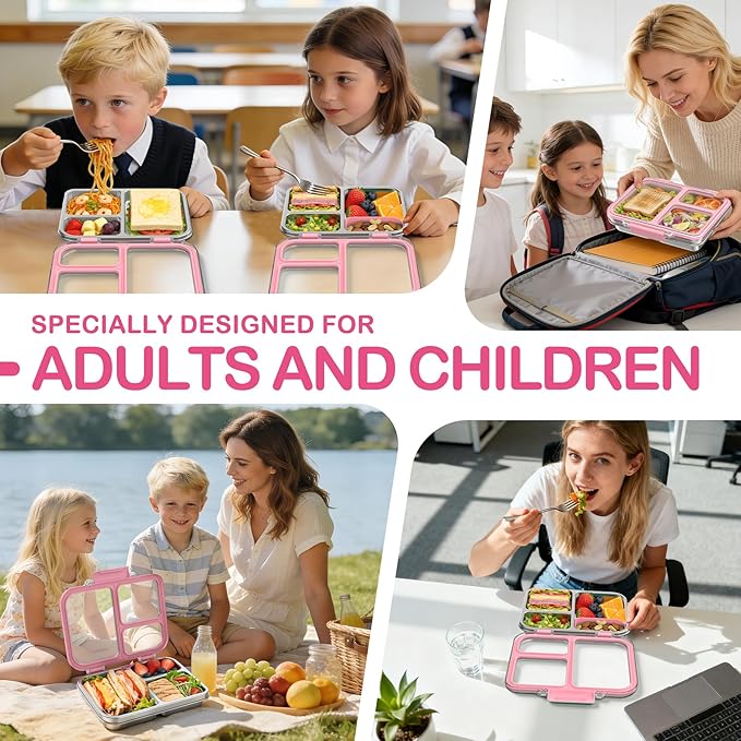 BABHAMNESS Stainless Steel Bento Lunch Box for Kids Adults, 3 Compartments Metal Bento Box with Transparent Lid & Silicone Container for Kids,Dishwasher-Safe,School & Travel,BPA-Free(Pink)