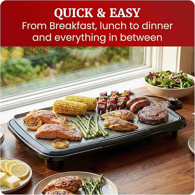 Elite Gourmet 10" x 20", Electric Griddle, Large PFAS-Free Ceralast™ Ceramic Non-Stick Surface Cool-touch Handles, Removable/Adjustable Thermostat, Easy to Clean Removable Grease Tray, Black/Grey
