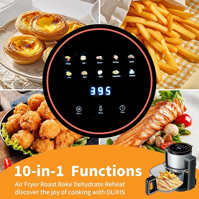 NEWBULIG 4.7Qt Glass Air Fryer, 10 in 1 Air Fryers with Timer, 105 to 395°F Wider Temperature, 360° Visibility, Dishwasher Safe, Roast Bake Dehydrate Reheat, Nonstick & Easy-Clean Basket, 1300W