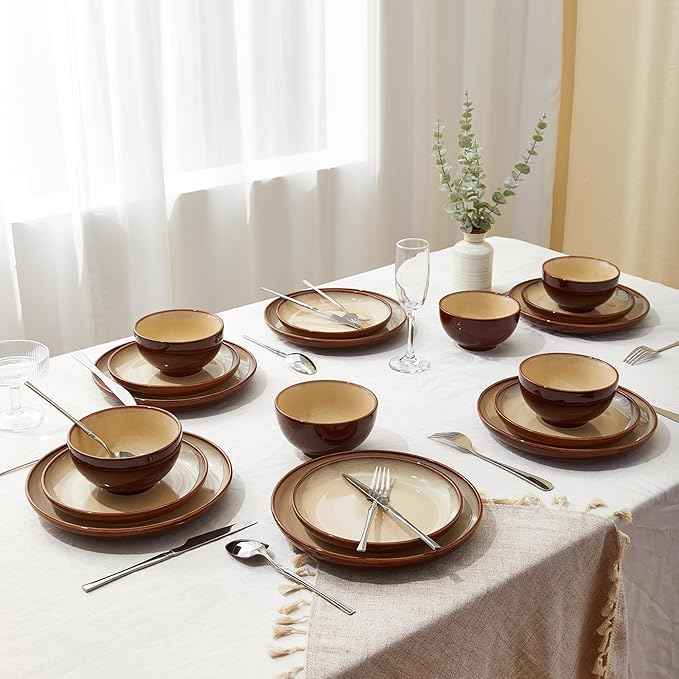 32 Piece Double Bowl Dinnerware Sets with Pasta Bowls, Highly Chip and Crack Resistant Plates and Bowls Sets, Natural Earthyware Ceramic Dishware Sets, Service for 8 Brown Yellow