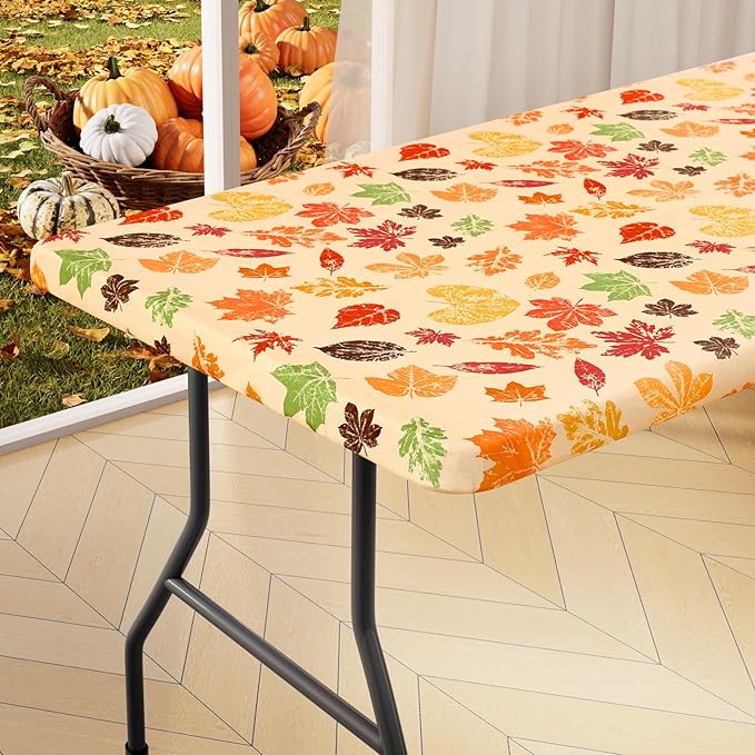 homing Rectangle Table Cloth Cover, Waterproof Polyester Elastic Fitted Tablecloth, Fits for 6 Foot Folding Tables, Washable Table Protector for Fall, Thanksgiving (Colored Leaves, 30" x 72")