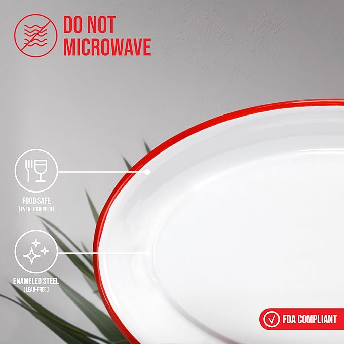 Red Co. Enamelware Metal Classic 13" Serving Oval Tray Platter, Solid White/Red Rim