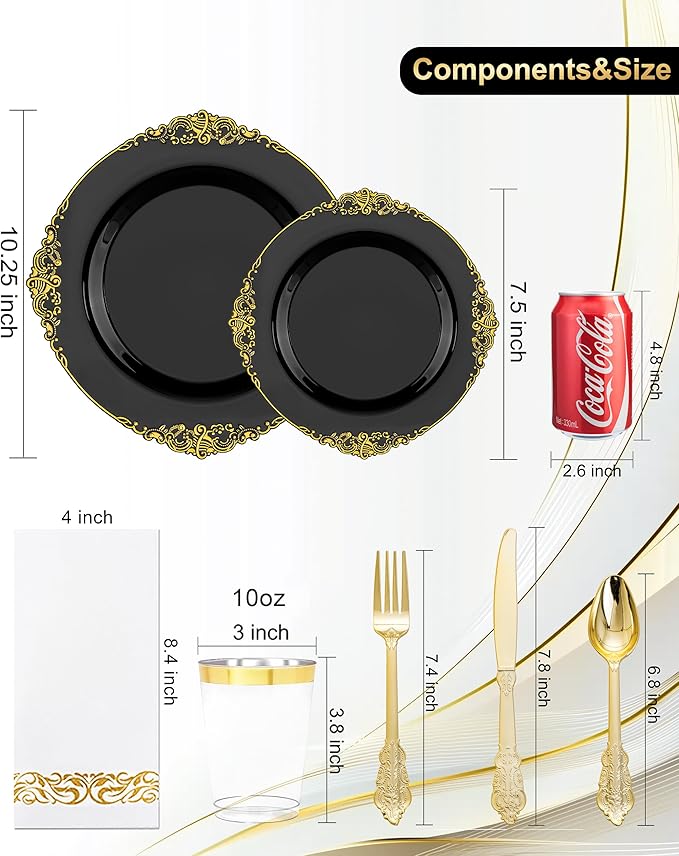 Nervure 350PCS Black Plastic Plates - Black Plastic Dinnerware Sets for 50 Guests - 100 Disposable Plates, 150 Gold Silverware, 50 Cups, 50 Napkins for Wedding & Party & Halloween