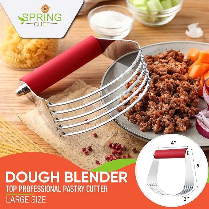 Spring Chef Large Red Dough Blender For Baking, Professional Heavy Duty Dough Cutter Tool with Thick Blades, Stainless Steel Puff Pastry Cutter Tool, Dishwasher Safe Pastry Blender for Easy Mixing