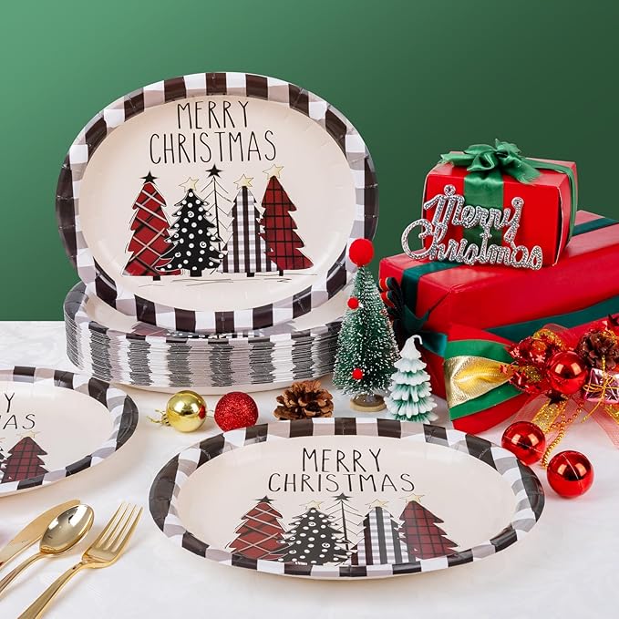 WDF 50Pack Christmas Paper Plates - 10"x12" Christmas Tree Plates Christmas Oval Paper Checkered Plates - Dinner Size Large Disposable Platter Heavy Duty for Happy Christmas Serving
