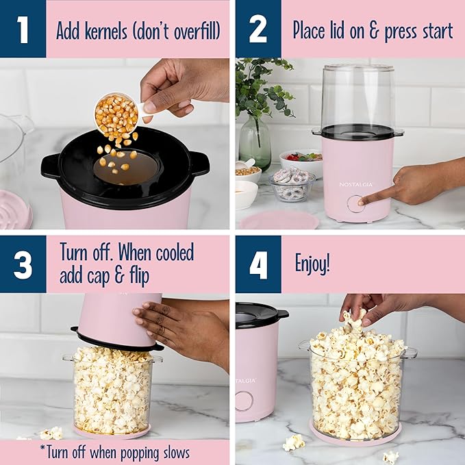 Nostalgia 8-Cup Hot Air Popcorn Maker & Bowl - 2-In-1 Bowl & Lid, 2 oz Measuring Cup - Oil-Free Pop Corn for Movie Night, Snacks, Birthday Parties, and More - Pink