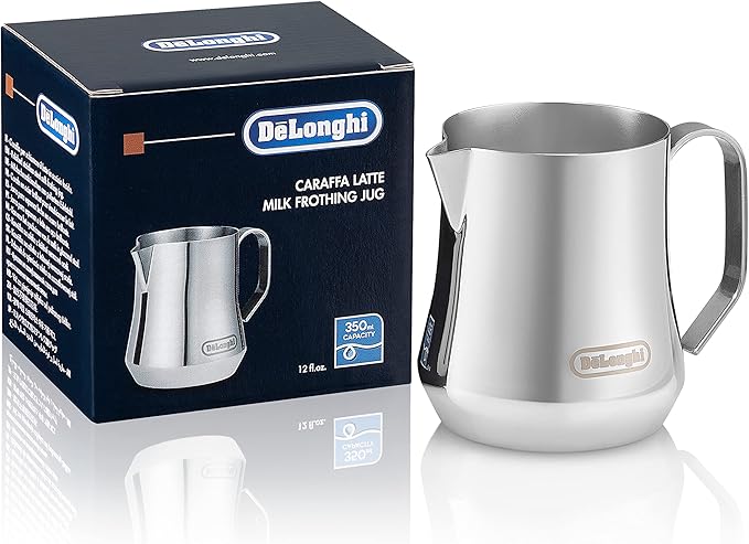 De'Longhi Stainless Steel Milk Frothing Pitcher, 12 ounce (350 ml), 12 oz & DeLonghi Double Walled Thermo Latte Glasses, Set of 2, 2 Count (Pack of 1), Clear