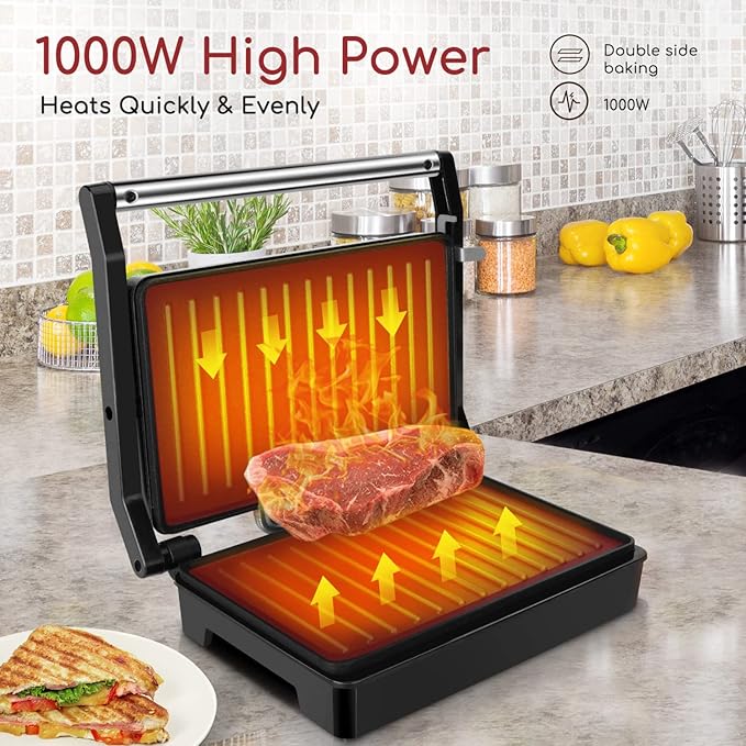 Panini Press Sandwich Maker, Aigostar 1000W Sandwich Press Grill with Non-Stick Coated Plates, Indicator Light, Locking Lid, Cool Touch Handle, Panini Maker Panini Press Grill Easy to Storage & Clean
