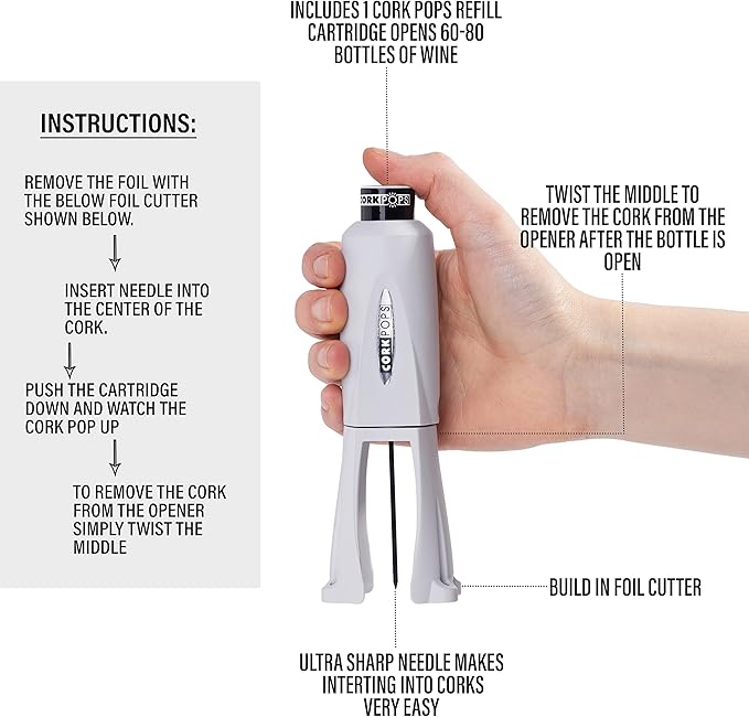 Cork Pops Legacy Wine Opener Built-in 4-Blade Foil Cutter Safe Cork Removal, Effortless Push Button Use, Needle Guard for Safety, Low-Pressure Cartridge Opens Up To 60 (Gray, With 1 Cartridge)