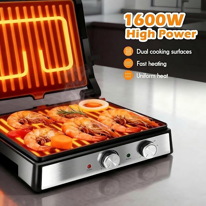 KEINVE 1600W Panini Press, Sandwich Maker with Temp & Time Setting, 4 Slice Large Non-stick Versatile Grill Press, Opens 180 Degrees to Fit Steak, Fish, Vegetable and More