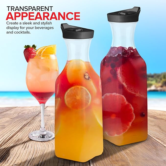 50oz Plastic Juice Carafe with Black Lids (2 Pack) 50 oz Carafes for Mimosa Bar, Drink Pitcher with Lid, Milk Container, Clear Beverage Containers for Fridge, Pantry Storage, Square Pitchers