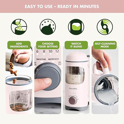 GreenPan Nut Milk Maker, 15-in-1 Homemade Soy, Almond, Oat, Coconut, Non-Dairy, Rice, Soup, Baby Food, BPA-Free, Smooth Creamy Texture, Self Clean, Barista Quality Milk, Delay Start, Boil Water, Pink