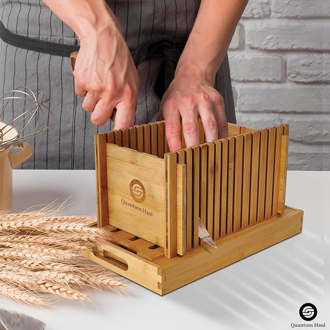 Bamboo Bread Slicer with High-Grade Stainless Steel Knife – Adjustable Wooden Bread Cutter Guide with Crumb Tray, Brush & Pouch | Manual Bread Slicer for Homemade Bread, Sourdough, Loaf, Cakes