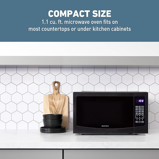 West Bend 1.1 Cu. Ft. Countertop Microwave Oven, 1000 Watts, Compact Design, 6 One-Touch Presets, Glass Turntable, Ideal for Dorms, Offices, RVs & Small Spaces, 1.1 cu.ft., Black