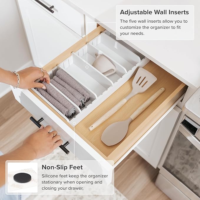 KitchenEdge Bamboo Kitchen Towel and Food-Storage Organizer, Perfect for Kitchen Drawers, Cabinets, Pantry, 5 Adjustable Wall Inserts, Non-Slip Feet, Organize Food Containers, Food-Safe White Finish