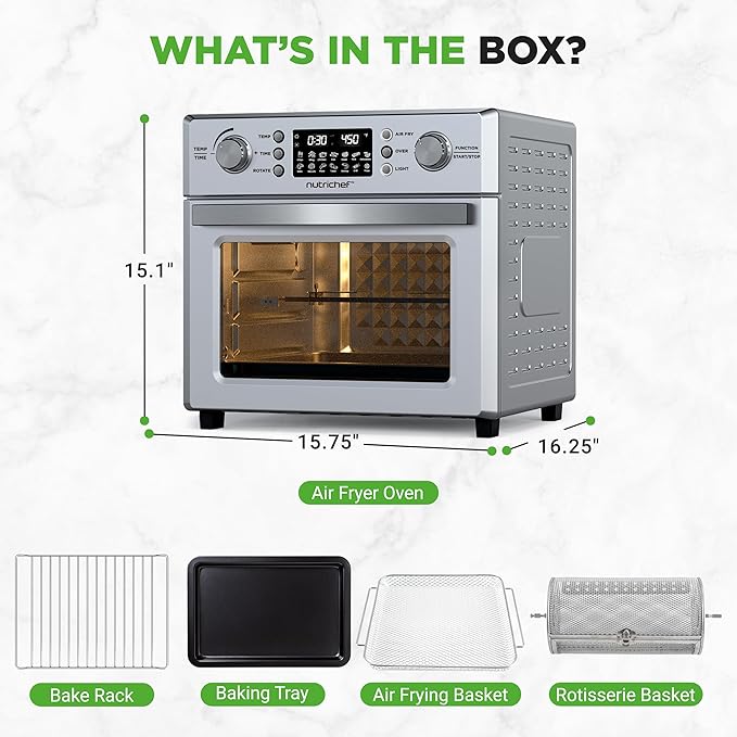 NutriChef 26L Electric Air Fryer Oven | 1700W Countertop Rotisserie & Air Fryer | 360° Rotating Feature | 10 Menu Presets | Includes Drip Tray, Air Frying Basket & Bake Rack 15x16x14 | Stainless Steel
