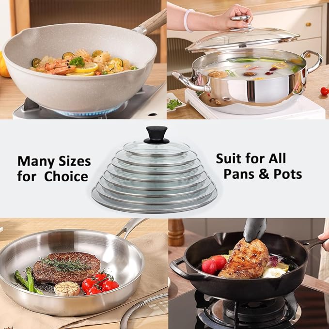 Glass Lids, Replacement Tempered Clear Glass Lids with Steam Vent，Covers For pots, pans and skillets，Available in Small and Large Lid 8, 9.5, 10.25, 11, 12, and 12.5 Inch