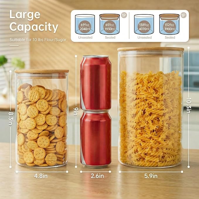 HomArtist Extra Large Glass Flour and Sugar Storage Containers with Airtight Lid,132 floz x1 & 65 floz x1 [Set of 2] Big Glass Jars with Bamboo Lids, Air Tight Food Jar for Cereal, Pasta, Rice, Coffee