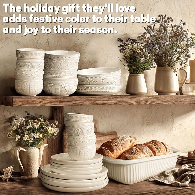 Artena Pasta Bowls, 50oz Large Salad Serving Bowls, 9.75'' Plates Bowls Set of 4, Big White Ceramic Soup Bowls for Kitchen, Embossment Shallow Dinner Bowl, Microwave Dishwasher Safe, Multiple Patterns