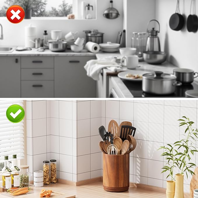 ZUJJAFY Utensil Holder, 360° Rotating Acacia Wood Kitchen Utensil Holder for Counter, 7.2" Large Cooking Utensil Crock for Countertop, Wooden Utensils Organizer for Cooking Spatula Storage