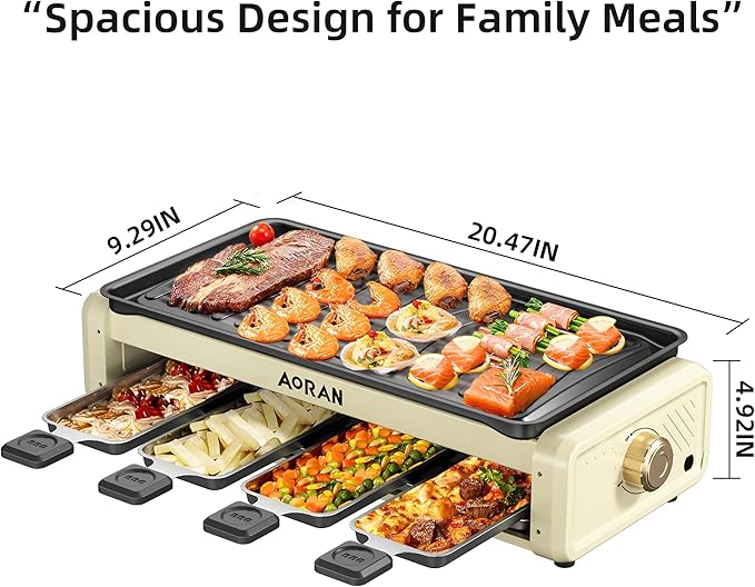 Aoran Electric Smokeless Grill, 1800W Nonstick Indoor Griddle Pan, Multifunctional Skillet for Frying, Baking, Stewing, Easy to Clean, Adjustable Temperature, Family-Sized 19.6'' x 9'' Cooking Area