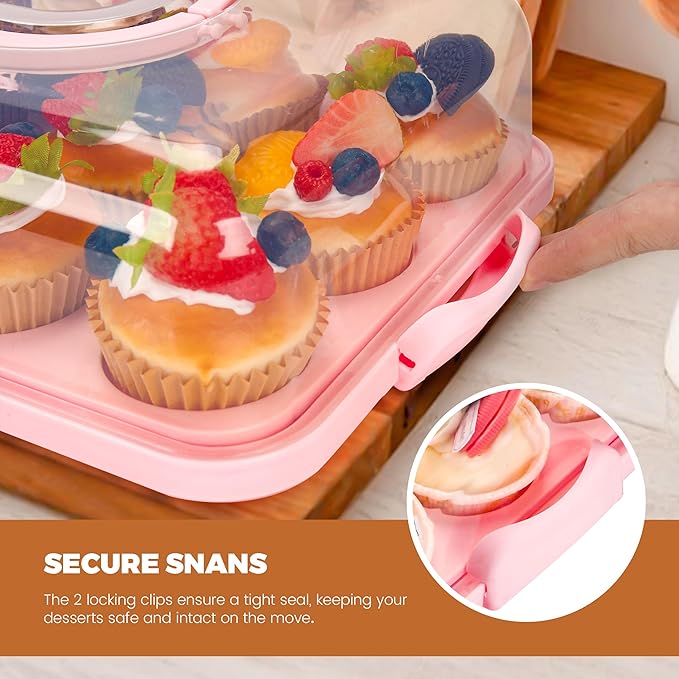 NPLUX Cupcake Containers with Lid Rectangular Cake Carrier 3-in-1 Multipurpose Cupcake Holder for Muffins Pies Sweets Pastries Fruit or Snacks(Pink, 13" x 9" x 4")
