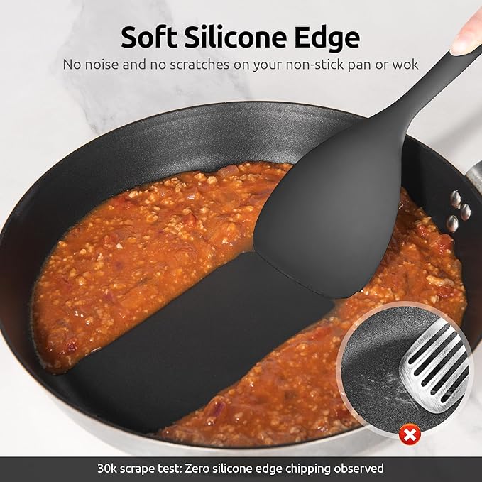 U-Taste 600ºF High Heat Skinny Silicone Jar Spatula and 600ºF Heat Resistant 13.76" Long, 3.63" Wide Wok Spatula for Kitchen Stir Fry (Black)