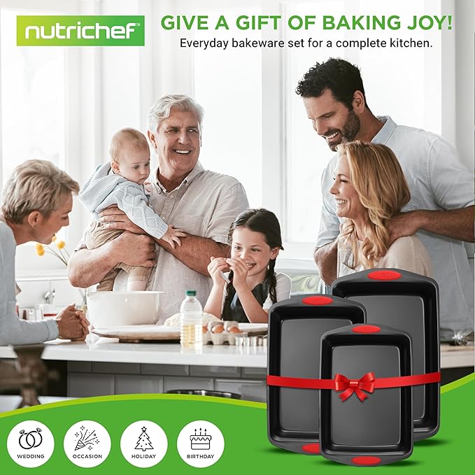 NutriChef 3-Piece Baking Pan Set - Premium Nonstick Carbon Steel Bakeware w/ Silicone Handles - Includes Large, Medium, & Small Pans for Baking & Roasting - PFOA, PFOS, PTFE Free - Black