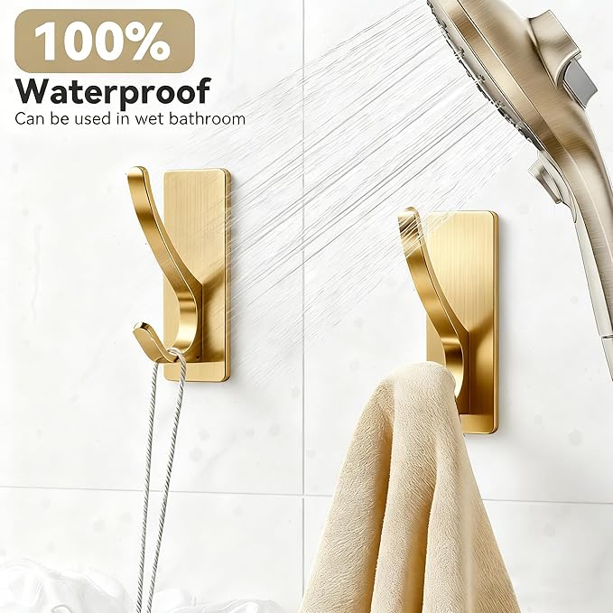 pickpiff Brushed Gold Self Adhesive Coat Hooks for Hanging: 13LB Extra Strong Stainless Wall Hook for Towel, Utensil, Backpack, Hat, Sturdy Metal Hanger for Bathroom, Kitchen, Door, 6-Pack