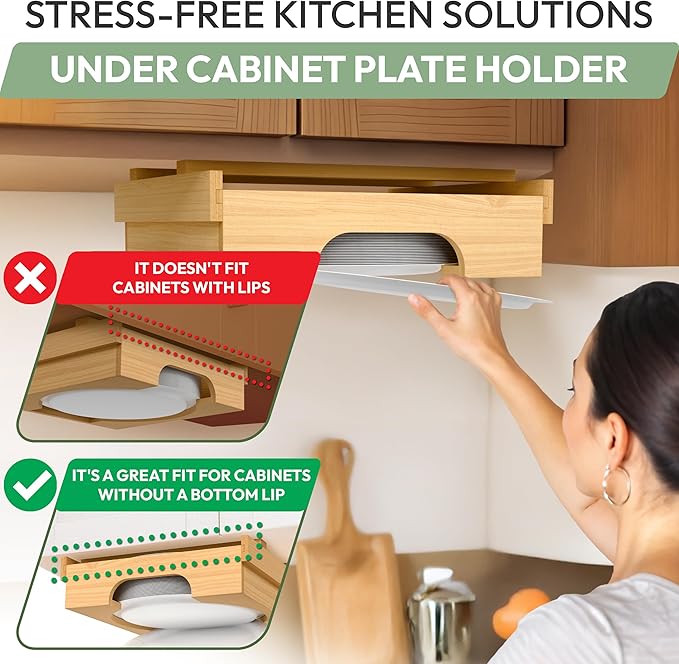 10 inch Paper Plate Dispenser Holder Bamboo Under Cabinet Vertical Rack for Kitchen Countertop Organizer Space Saver Shelf Lid Holder Counter Storage Can Dispenser Pantry Aid Caddy Estante wood