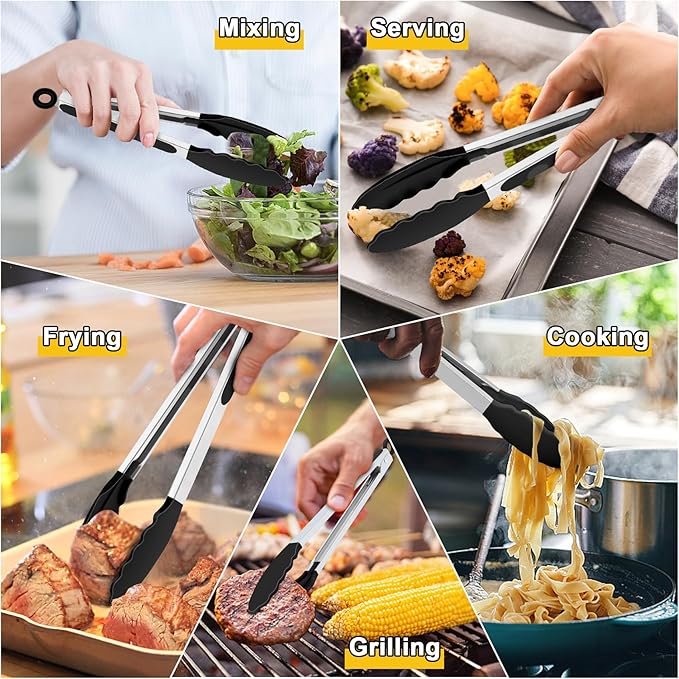 TeamFar Kitchen Tongs, 9" and 12" Stainless Steel Cooking Tongs with Silicone Tips for Cooking Grilling Serving & BBQ, Heat Resistant Silicone Tongs, Locking Design & Dishwasher Safe, Set of 2 & Black
