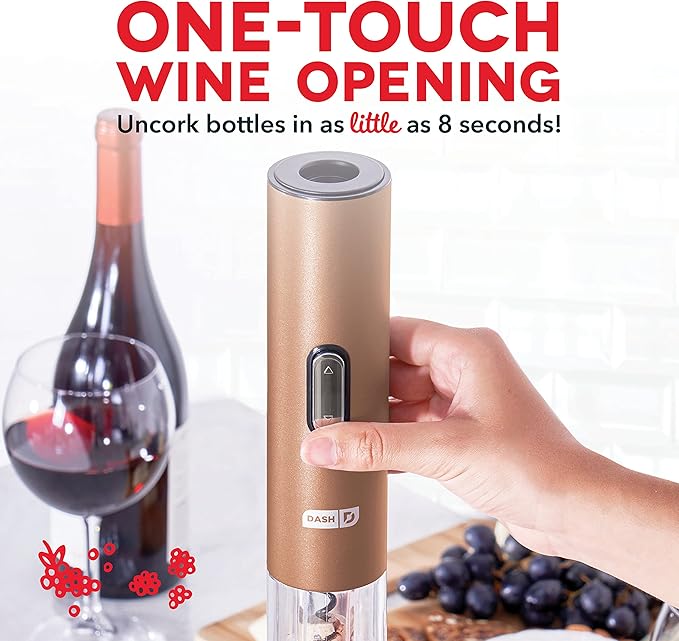 Dash Serve & Preserve Wine Set – Rechargeable Electric Wine Preservation System – Wine Bottle Opener, Vacuum Sealer, 2 Reusable Caps + Charging Base – Rose Gold