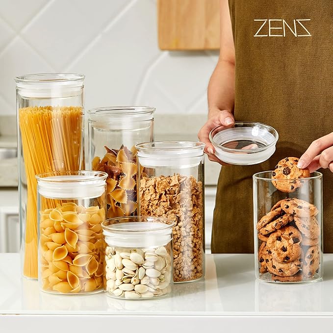 ZENS 37oz Glass Jars Set of 2, Clear Glass Kitchen Canisters with Airtight Lids, Wide Mouth Glass Storage Containers for Cereal, Coffee Beans, Loose Tea