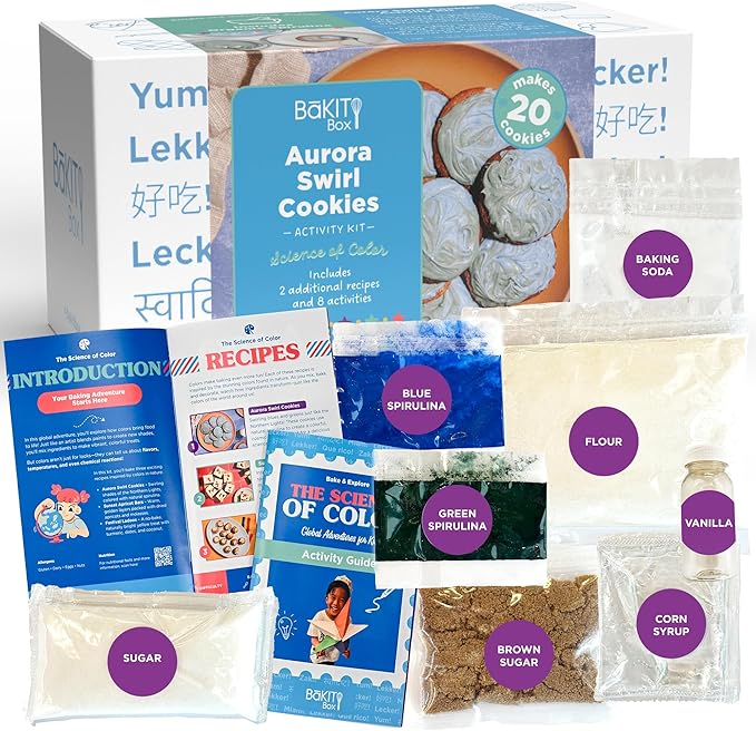 BāKIT Box Aurora Swirl Cookies Baking Kit for Kids, STEM Science of Color Educational Activity Kit, Learn Chromatography, Color Mixing, & More, Includes Organic Food Coloring with Spirulina, Ages 6–13