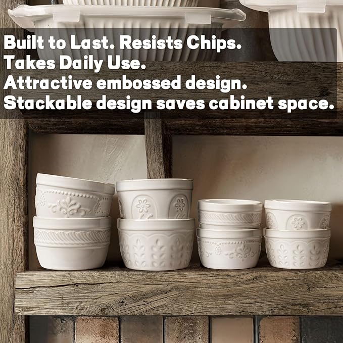 Artena Ramekins Oven Safe, Creme Brulee Ramekins, Embossed White Ceramic Ramiken, Souffle Pudding Custard Cups, Baking Dish, Dipping Bowls, Sauce Cups, Set Of 4 (Willow Leaf, 4 oz)
