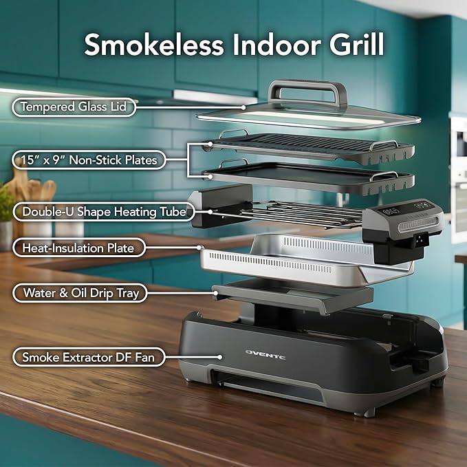 OVENTE Smokeless Indoor Grill, 1500W Electric Portable Korean BBQ Grill with One-Touch Control, LED Smart Display, Tempered Glass Lid, Two Removable Non-Stick and Dishwasher Safe Plates, Black SGR85B