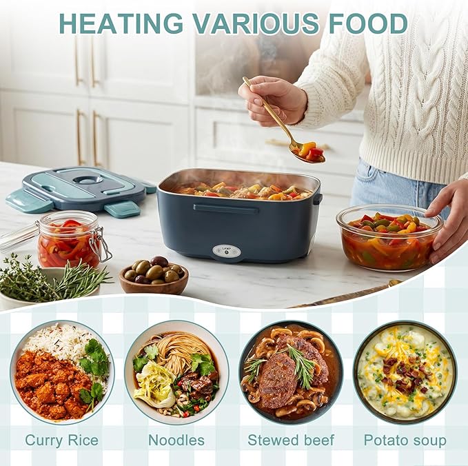 Herrfilk Electric Lunch Box Food Heater, 3 in 1 Ultra Quick Heated Lunch Boxes for Adults, 12V/24V/110V Portable Food Warmer for Car/Truck/Office With Fork Spoon and Insulated Carry Bag