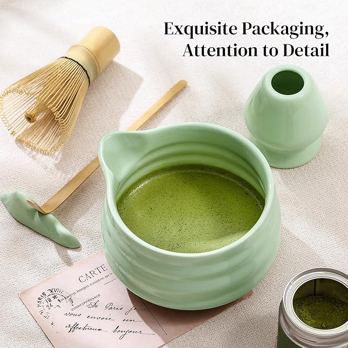 DOWAN Matcha Whisk Set, 7 Pcs Matcha Set Includes Bowl with Spout, Whisk and Holder, Bamboo Scoop and Holder, Sifter and Tea Towel - 7 Pcs Matcha Kit Gift for Lovers Beginners, Christmas (Green)