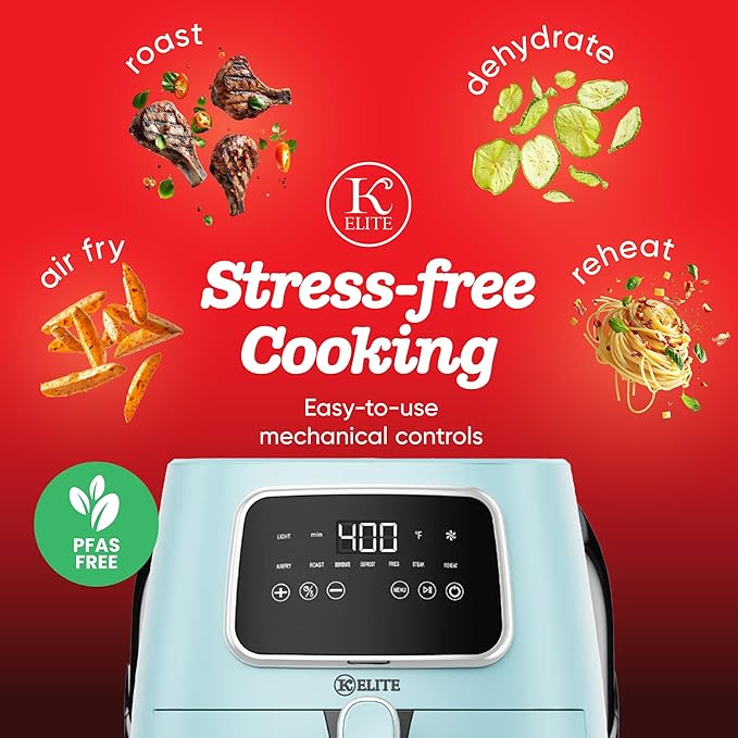 Kitchen Elite 5.5 Qt Compact Digital Air Fryer, 7-in-1 Small Airfryer with LED Screen, Nonstick Dishwasher Safe Basket, Space-Efficient Design, Blue