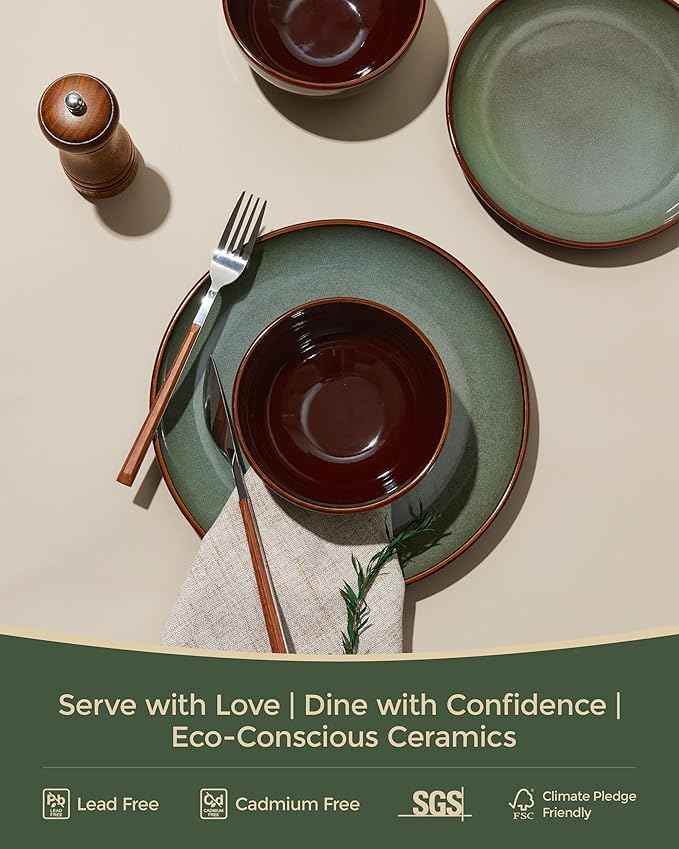 32 Piece Double Bowl Dinnerware Sets with Pasta Bowls, Highly Chip and Crack Resistant Plates and Bowls Sets, Natural Earthyware Ceramic Dishware Sets, Service for 8 Sage Green