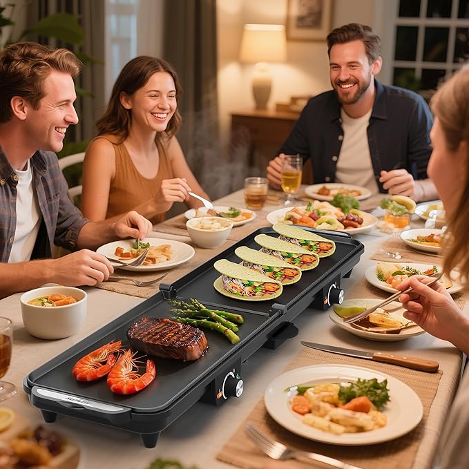 Sunvivi Large Electric Griddle 38'' x 9'', 1600W Indoor Grill with 2 Adjustable Temp Knobs, Even Heating, Nonstick Plate, Foldable Electric Grill Pan Indoor with Drip Tray, Easy to Clean