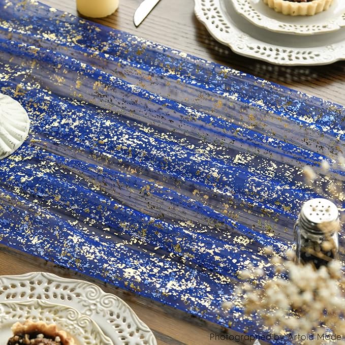 Artoid Mode 3PCS Blue Gold Gauze Table Runner 120 Inch 10FT, Glitter Metallic Foil Sheer Dining Wedding Anniversary Holiday Table Decor for Home Party