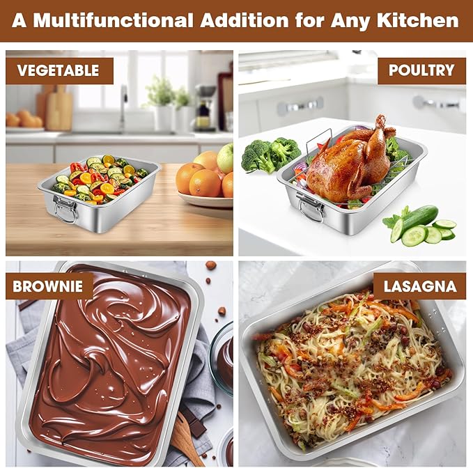 Roasting Pan,VBOYL 16" 3-Piece Roasting Pan Set: Deep Pan + Flat & V-Racks. Ideal for Turkey, Chicken, Veggies, Lasagna. Heavy-Duty, Non-toxic, Easy Clean, Dishwasher Safe.